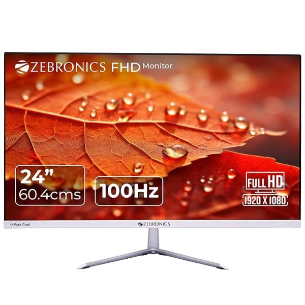 ZEBRONICS EA124 LED Monitor, 24 inch (60.4cm), 250 nits, 100Hz, FHD, 1920x1080, HDMI, VGA, Ultra Slim Bezel, Built-in Speakers, Metal Stand, Wall Mountable