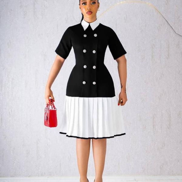 Two-Tone Pleated Dress – Collared Double-Breasted Button Front Contrast Midi Dress